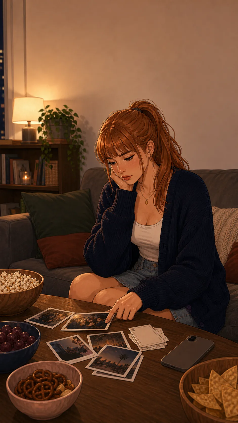 Brooke sits at a generic coffee table with blank photo prints, snack bowls, and a face-down phone beside her hand.