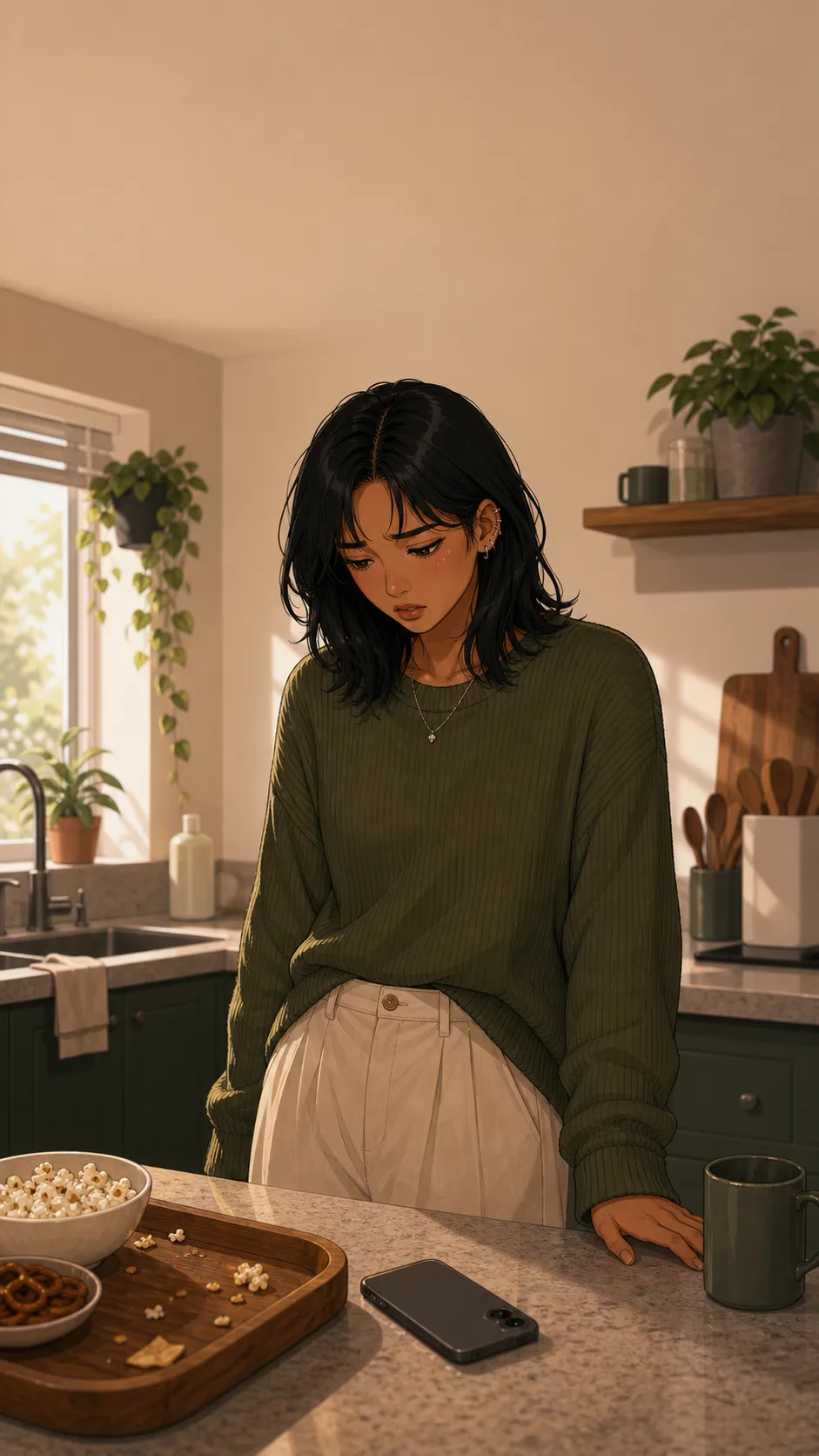 Maya stands in a generic kitchen looking hurt beside a face-down phone and a plain leftover snack tray.