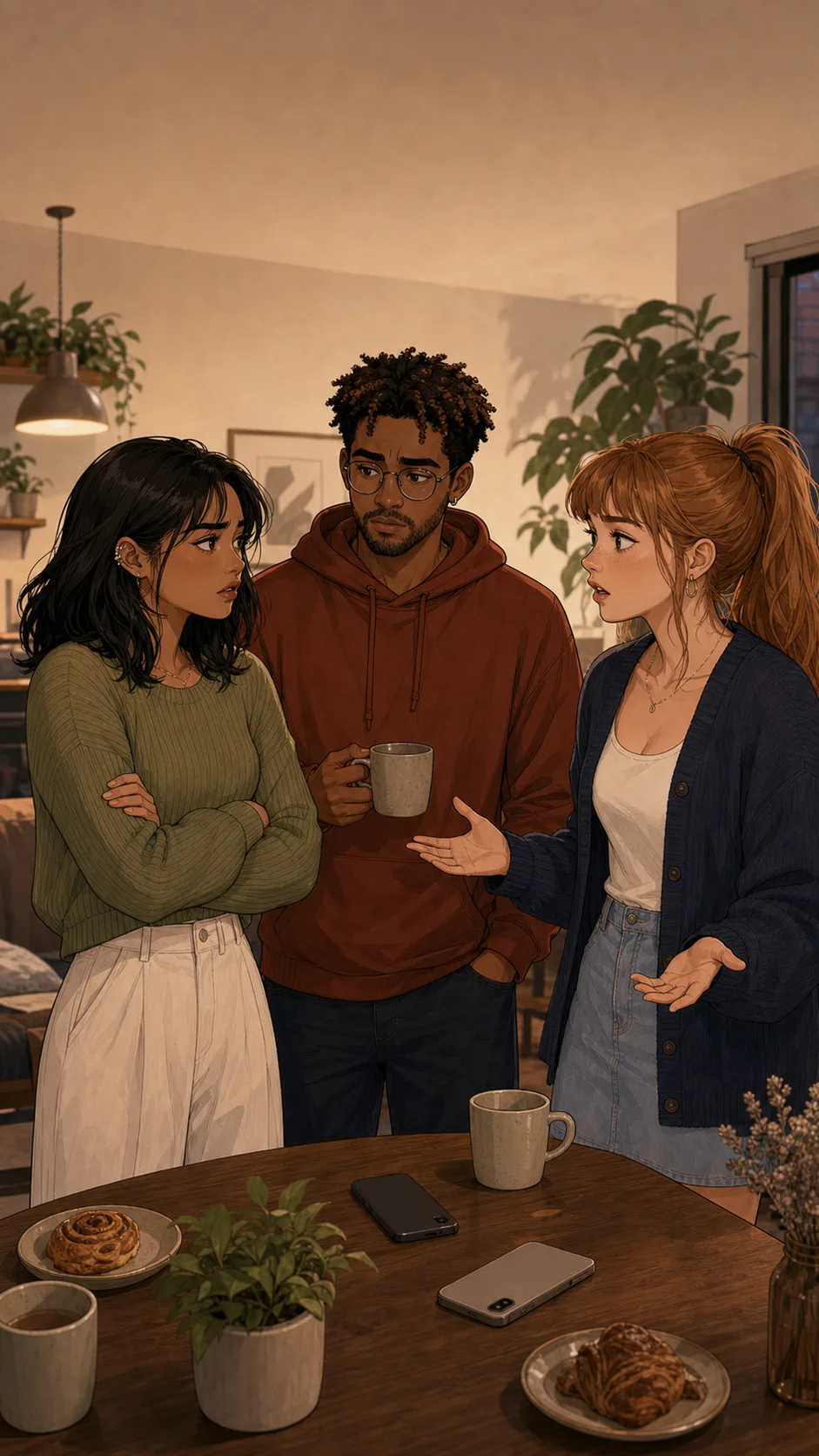 Maya and Brooke face each other tensely in a generic lounge while Jules listens beside face-down phones.