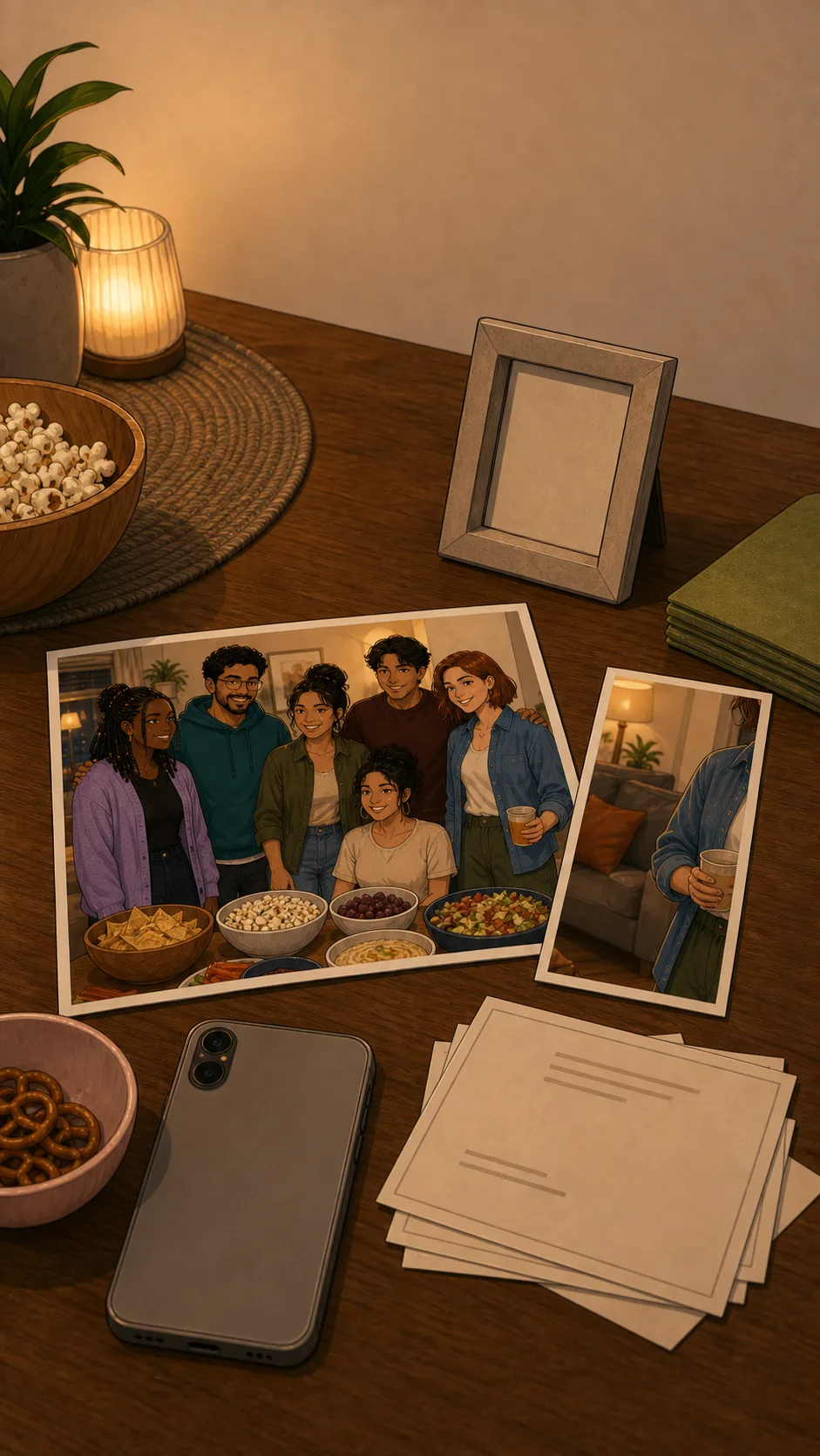 A generic table shows two unbranded photo prints, a face-down phone, blank album cards, plain napkins, and an empty frame.