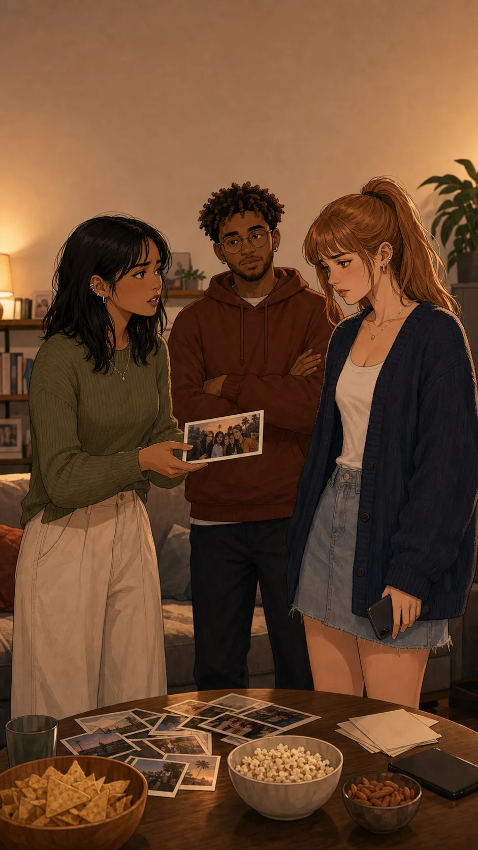 Maya holds a wide photo print while asking Brooke to swap the recap cover in a generic apartment lounge.
