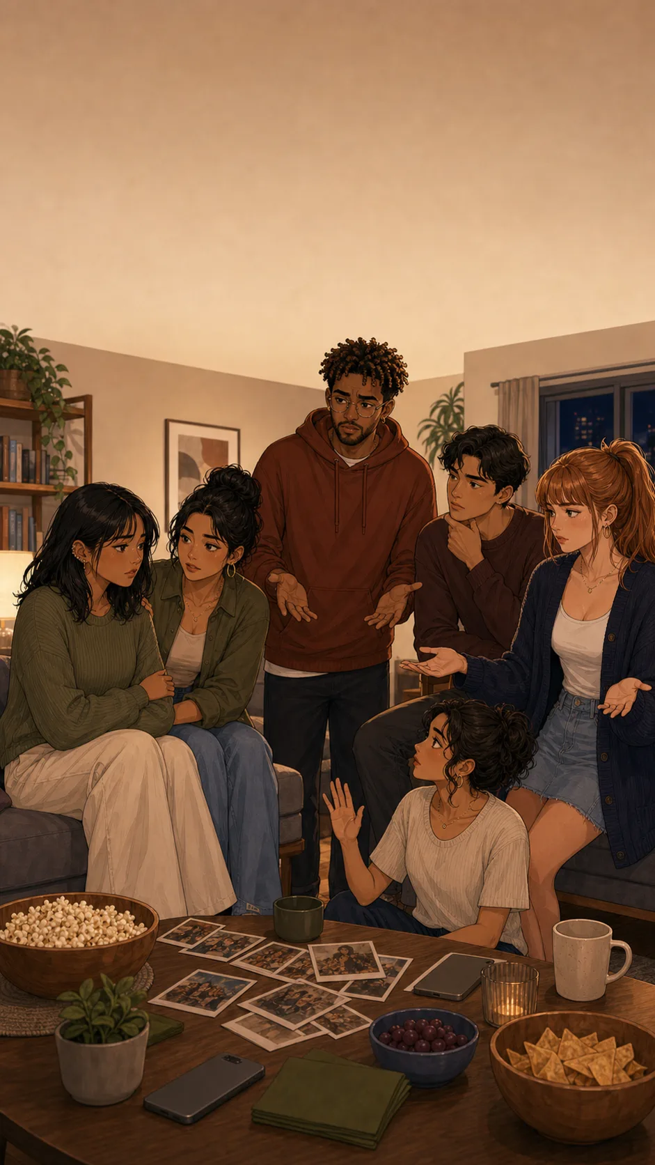 A friend group splits into three loose clusters around blank photo prints in a generic apartment lounge.