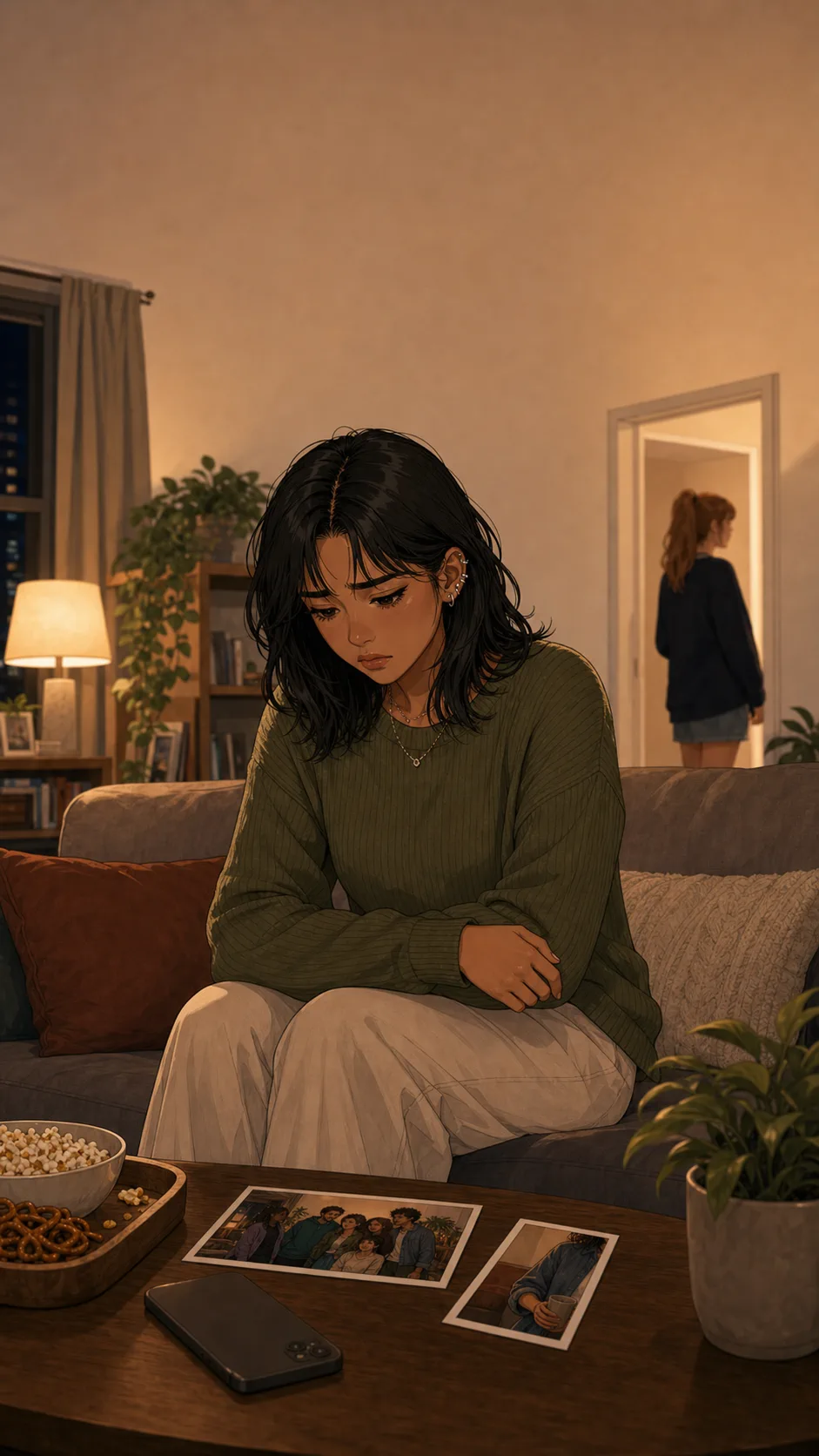 Maya sits quietly on a generic apartment sofa with two unbranded photo prints, a face-down phone, and a plain snack tray nearby.