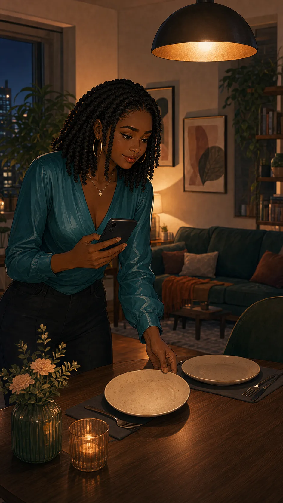 Cam prepares a dinner table while holding her phone toward herself.