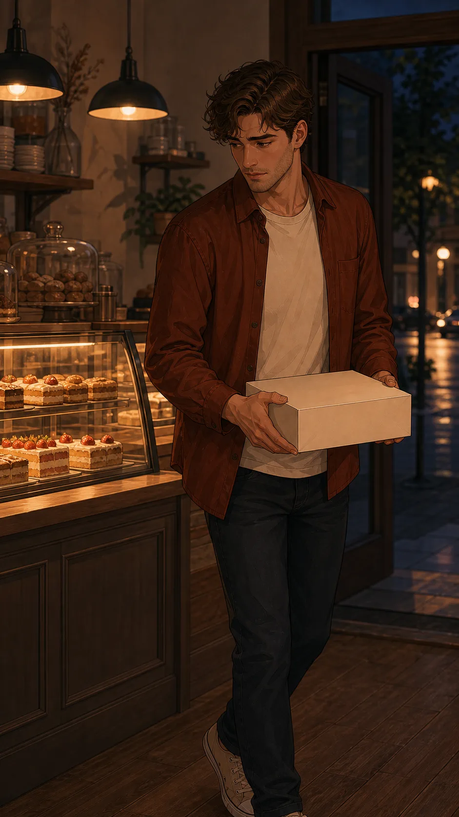 Theo carries a plain dessert box from a generic bakery counter.