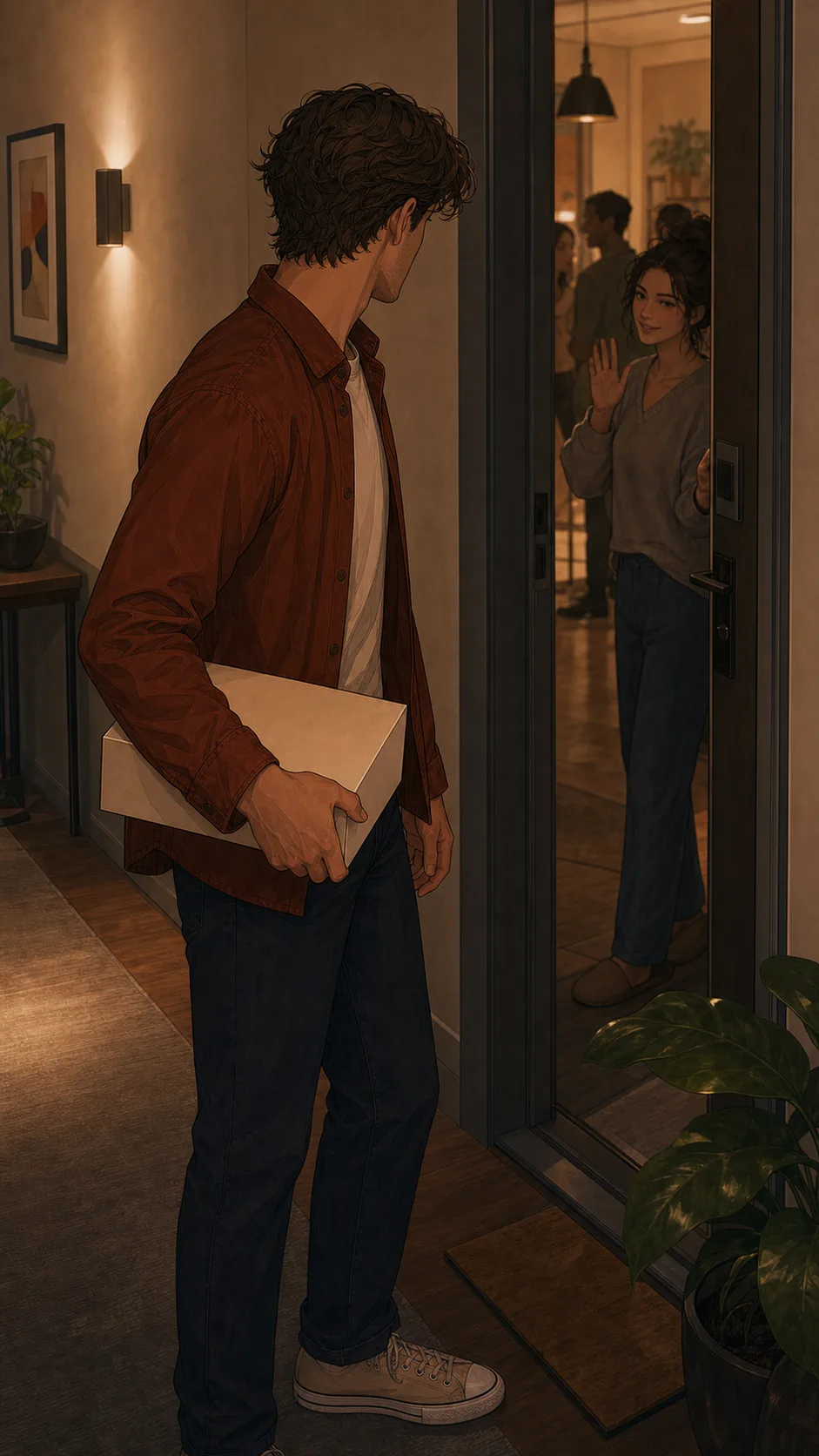 Theo stops at a generic doorway with the dessert box under his arm.