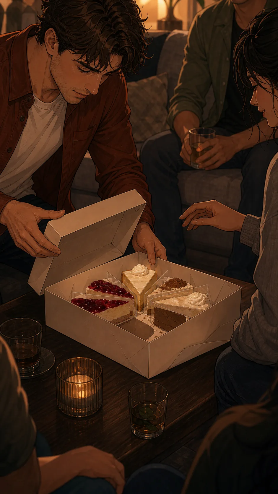 The dessert box is opened at a small gathering with no readable labels.