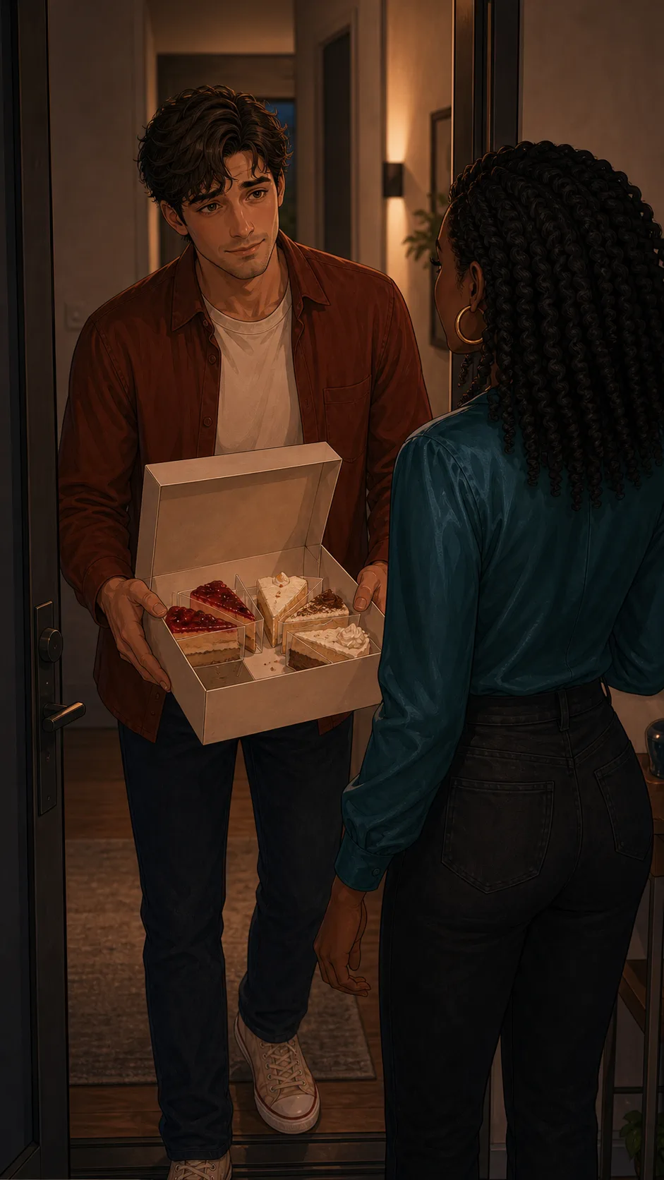 Theo arrives at Cam's apartment with an opened dessert box.