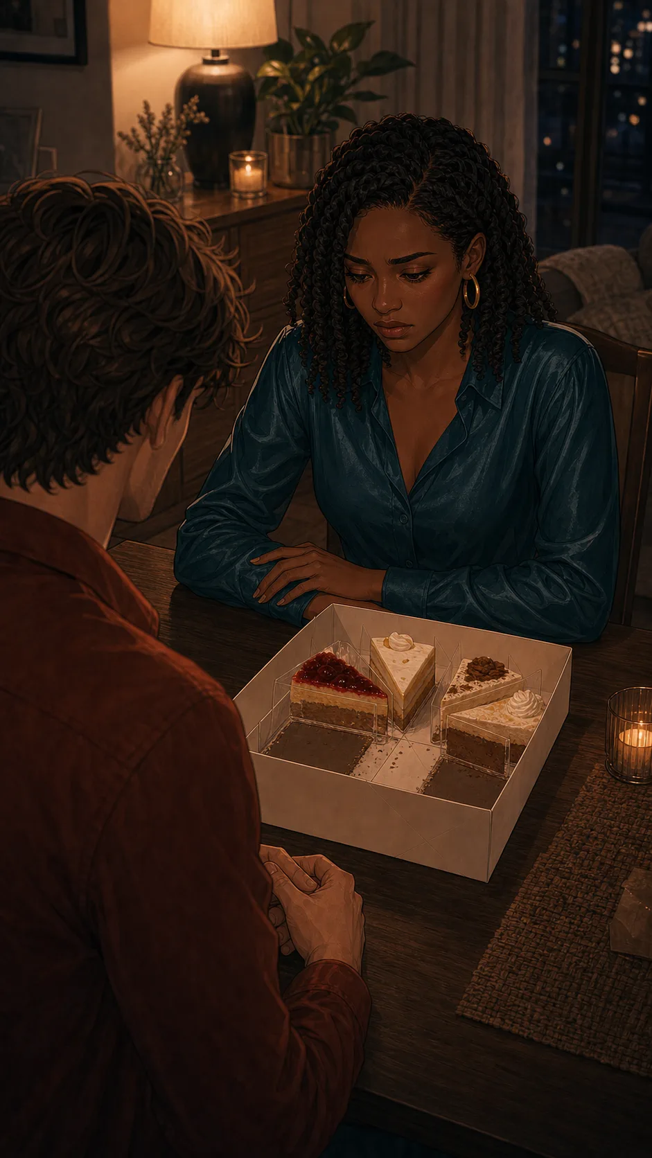 Cam looks at the half-empty dessert box while Theo stands nearby.