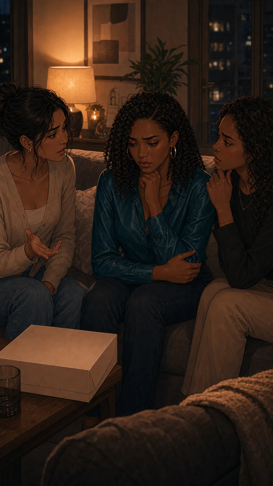Cam discusses the dessert stop with friends while phones face away from the viewer.