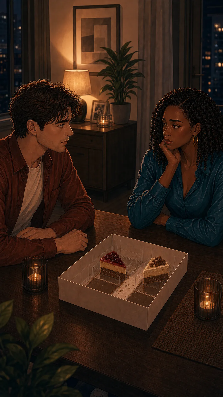 Cam and Theo sit with the remaining dessert between them.