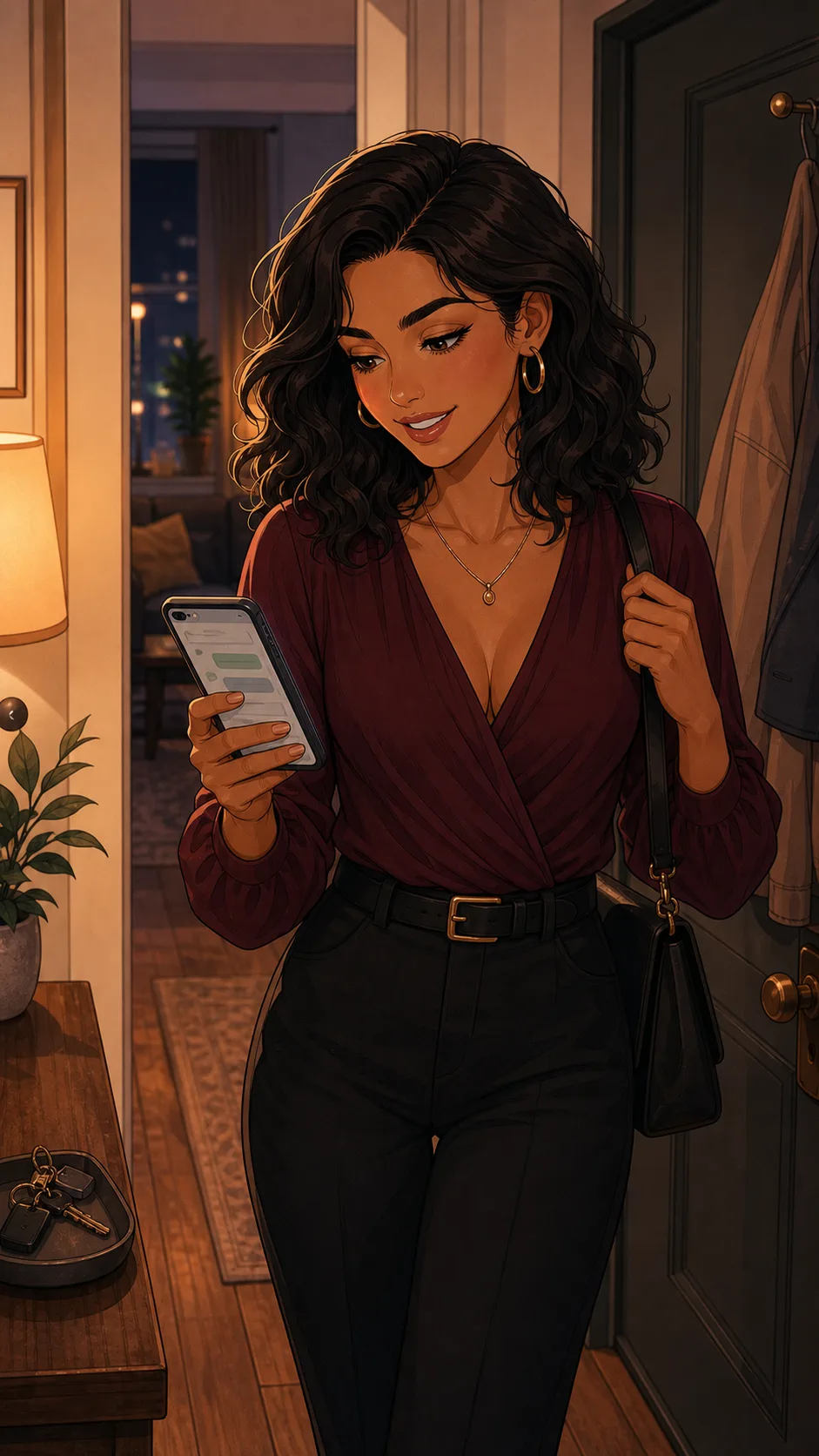 Maya smiles at her phone before leaving for dinner.