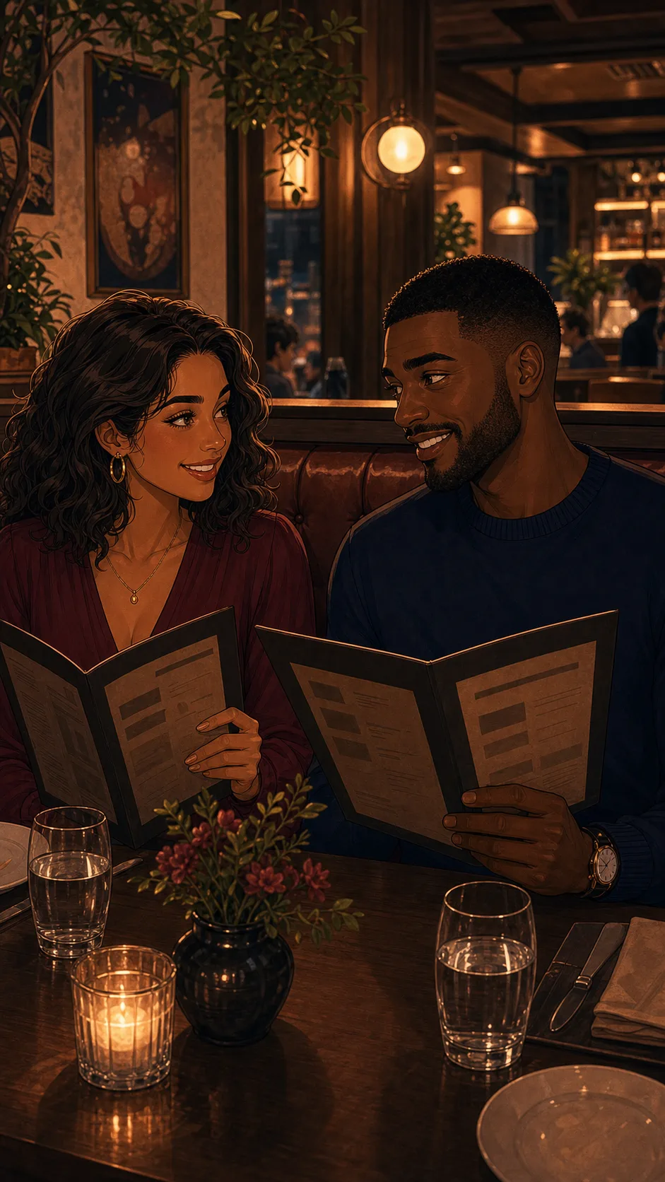 Maya and Theo smile across a restaurant booth.