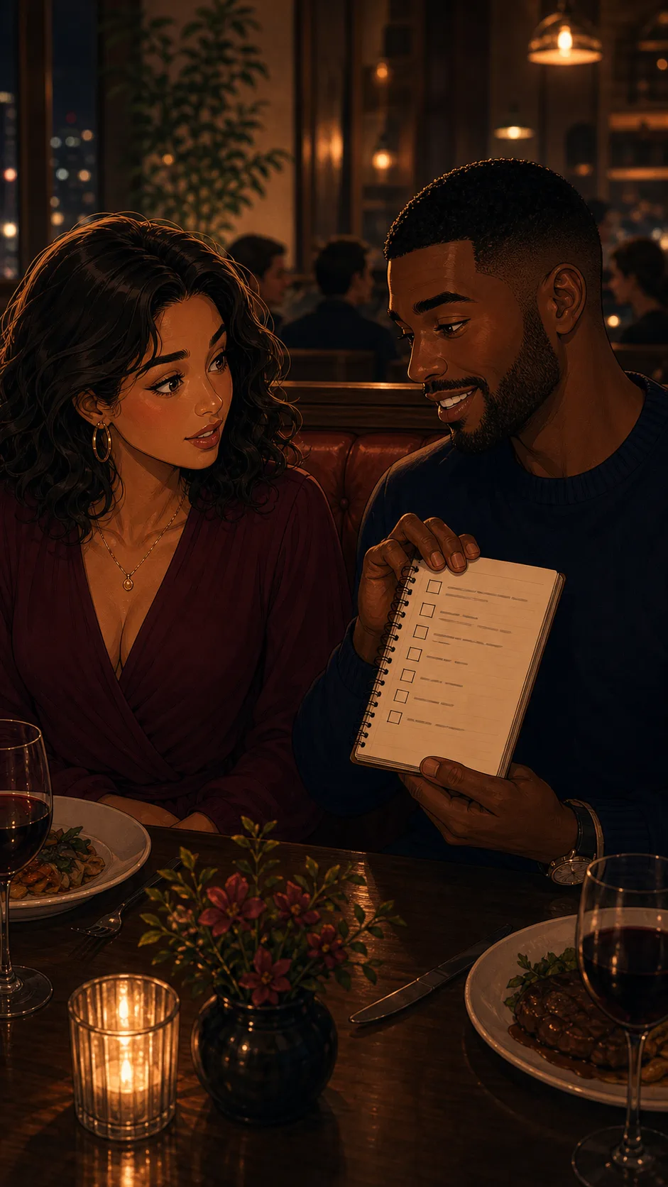 Theo pulls a small notebook from his jacket at dinner.