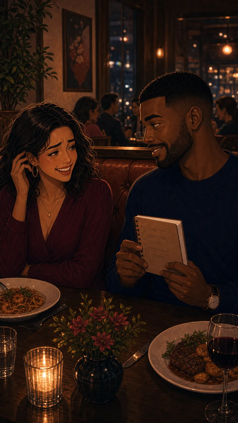 Theo asks questions from a small notebook while Maya laughs uncertainly.