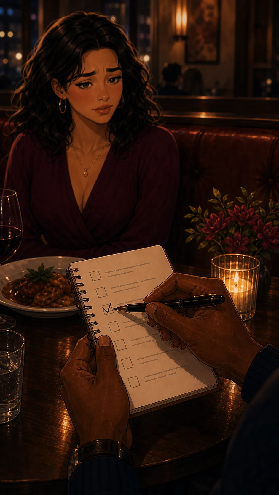 Theo marks a notebook while Maya's smile fades.