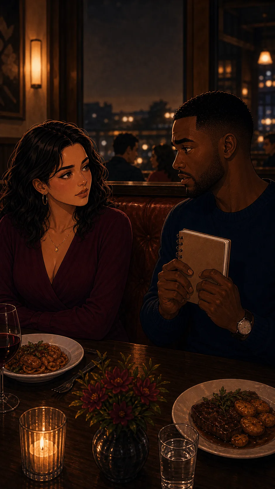 Maya and Theo discuss the checklist at dinner.