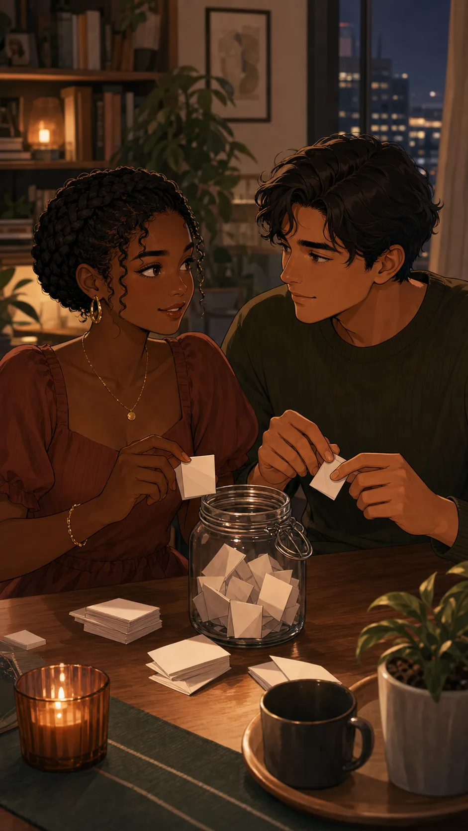 Amara and Miles fold blank date idea notes into a jar.
