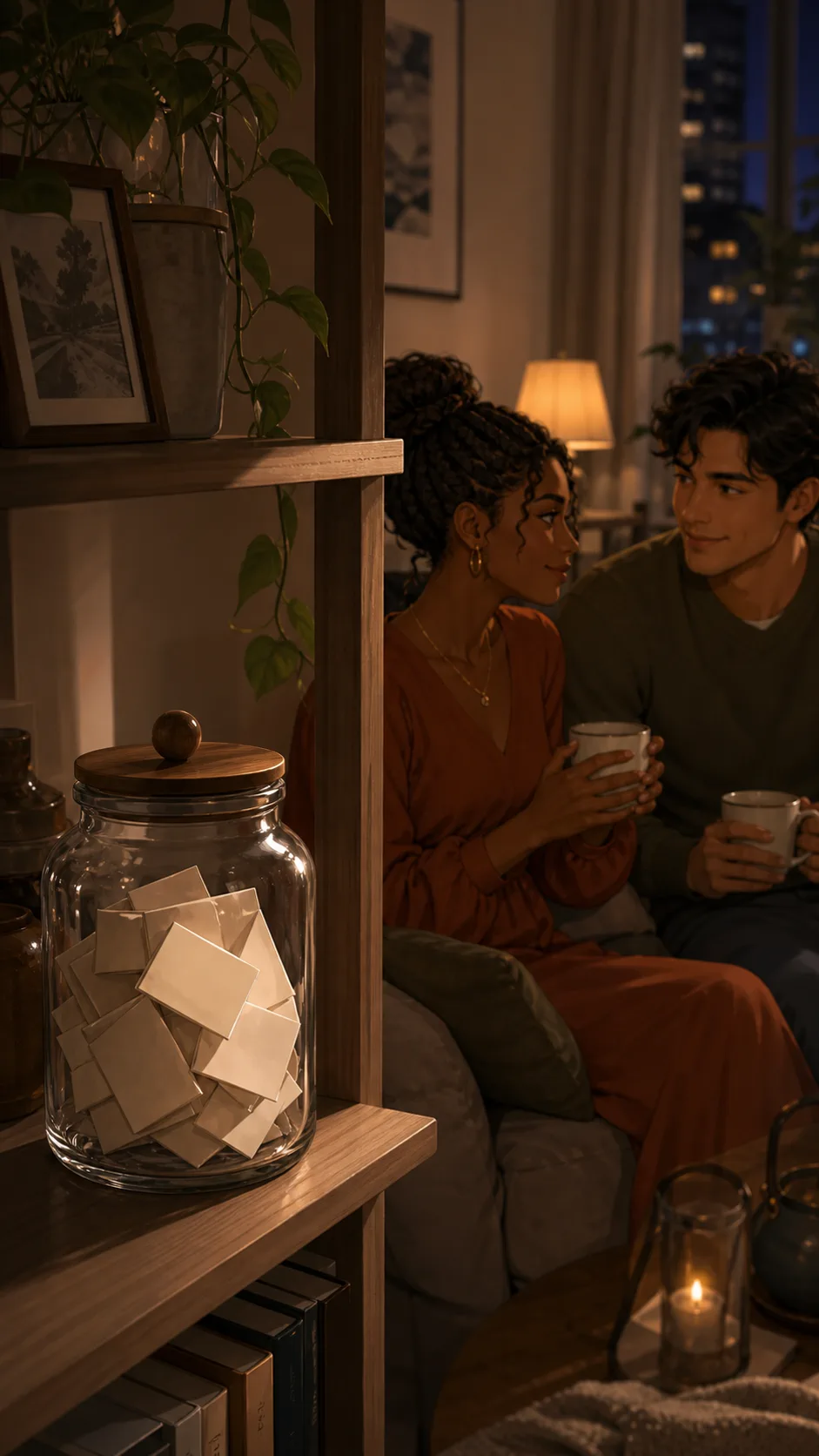 A date jar sits on a shelf while Amara and Miles relax in the background.