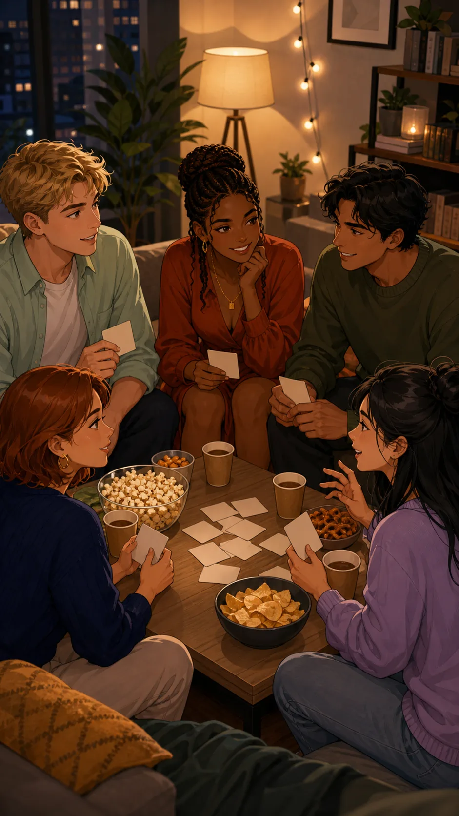 Friends sit around a coffee table during a cozy game night.