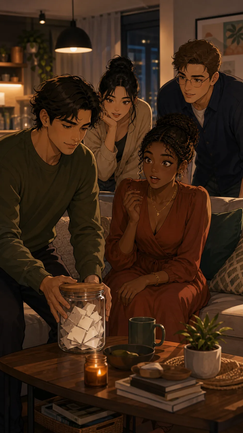 Miles brings the private date jar to the game night coffee table.