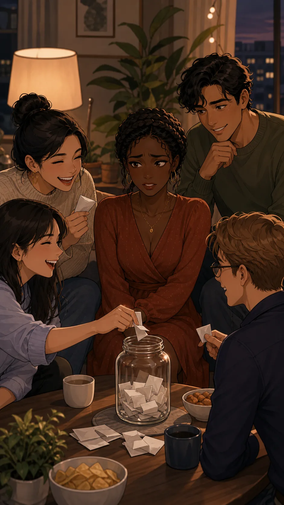 Friends pull folded notes from Amara and Miles's date jar while Amara looks uncomfortable.