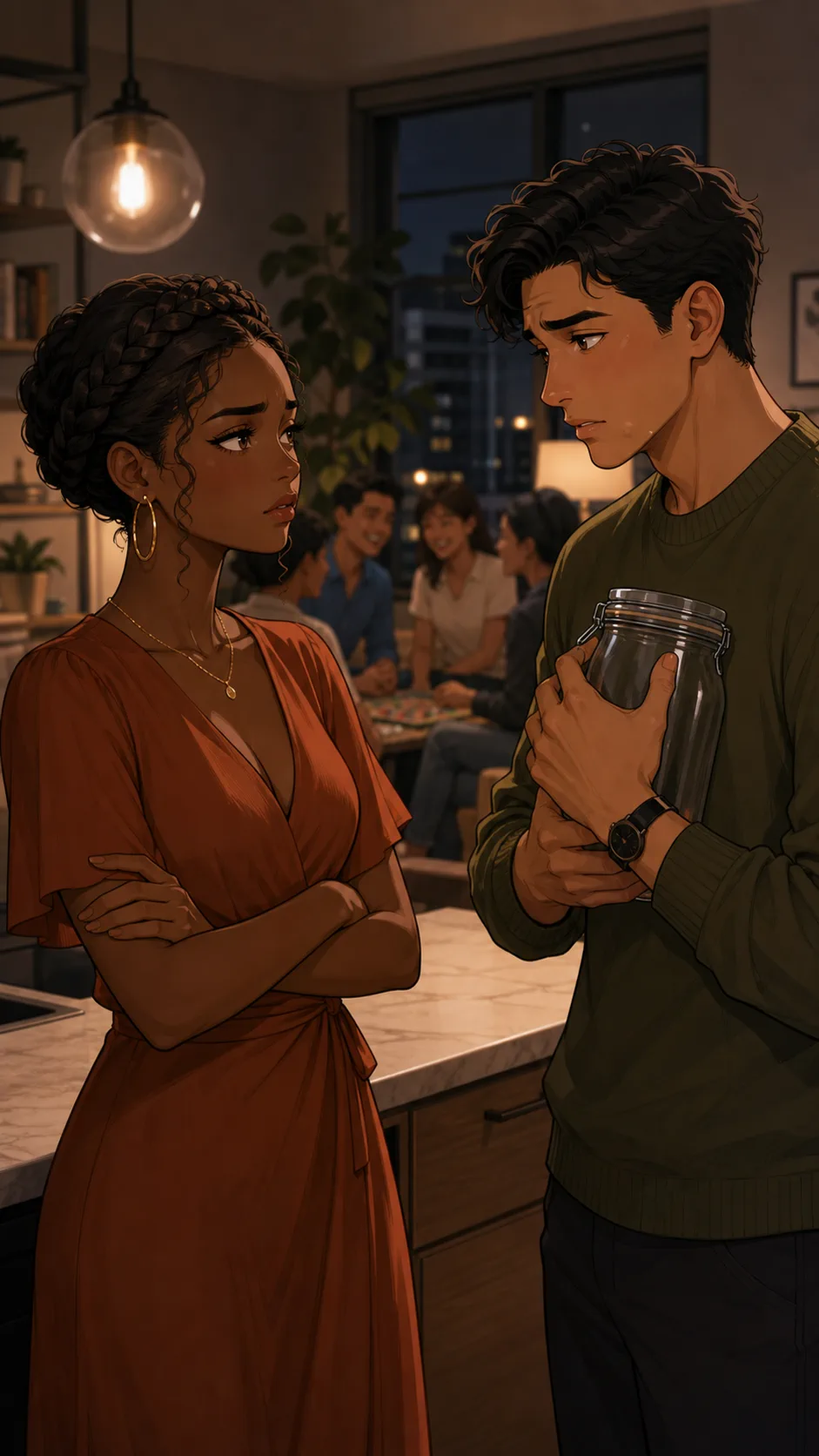 Amara and Miles discuss the date jar in the kitchen.