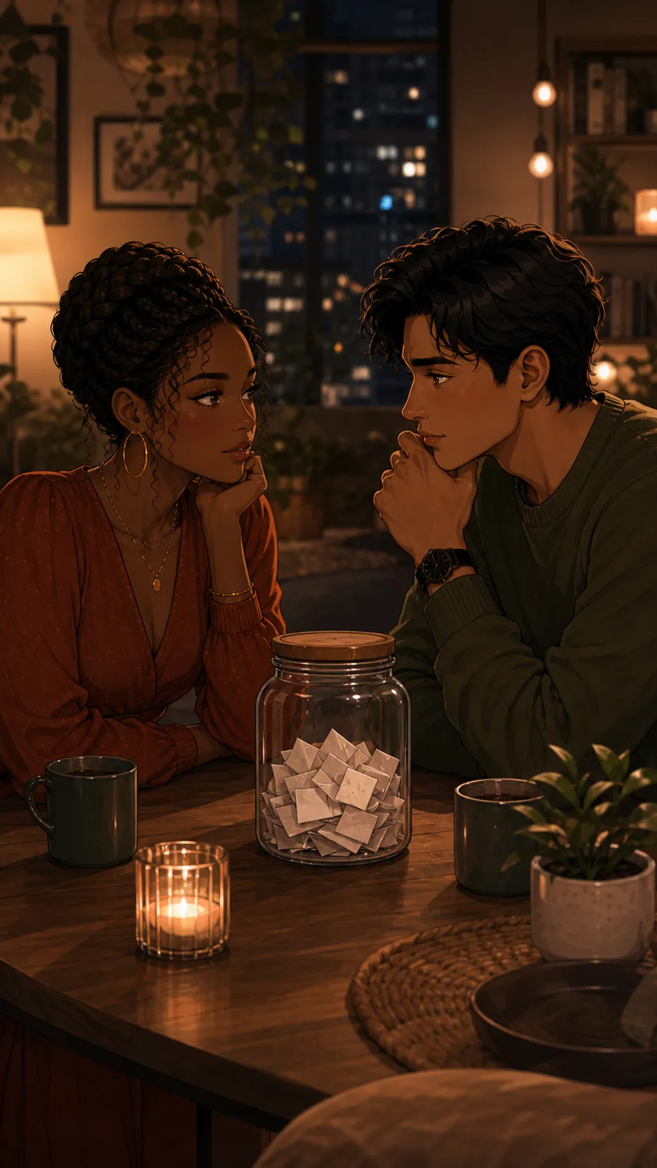Amara and Miles sit thoughtfully with the date jar between them.