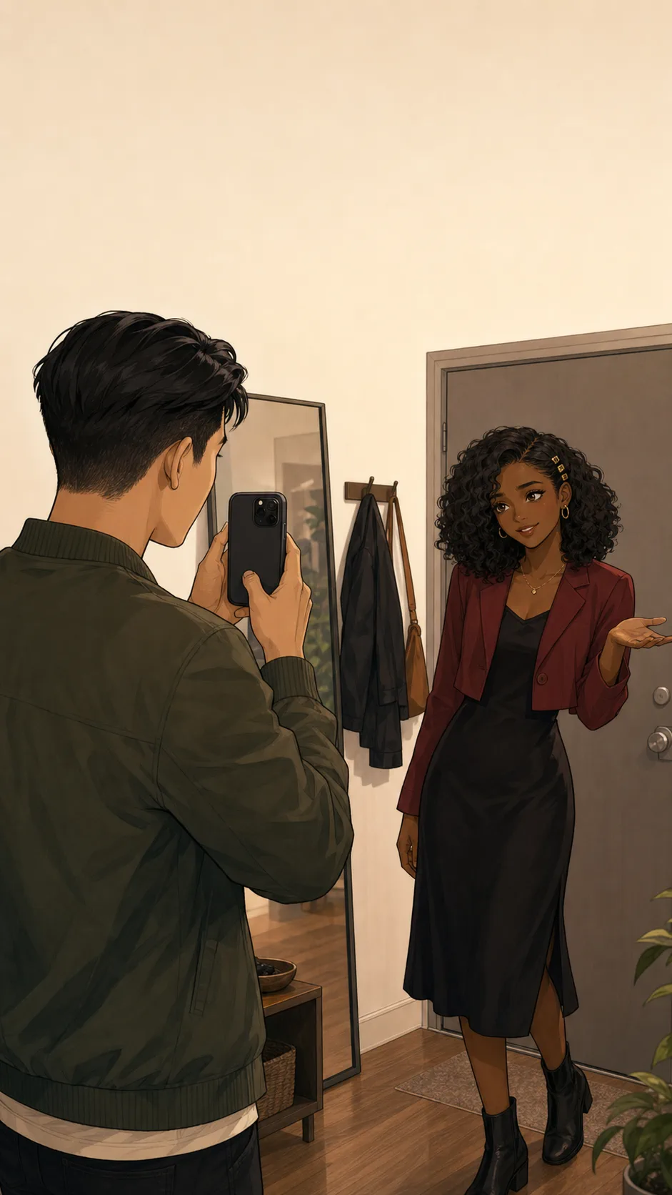 Jordan holds up a phone with its back facing the viewer while Nia smiles shyly in a generic apartment entryway.