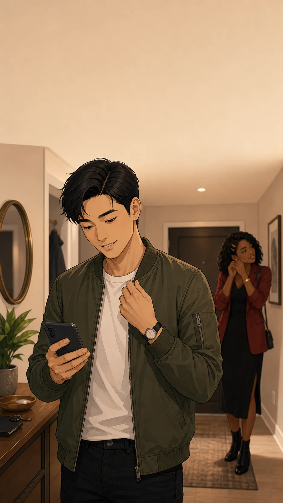 Jordan checks his jacket near a generic apartment entry table while holding a phone with the back facing the viewer.