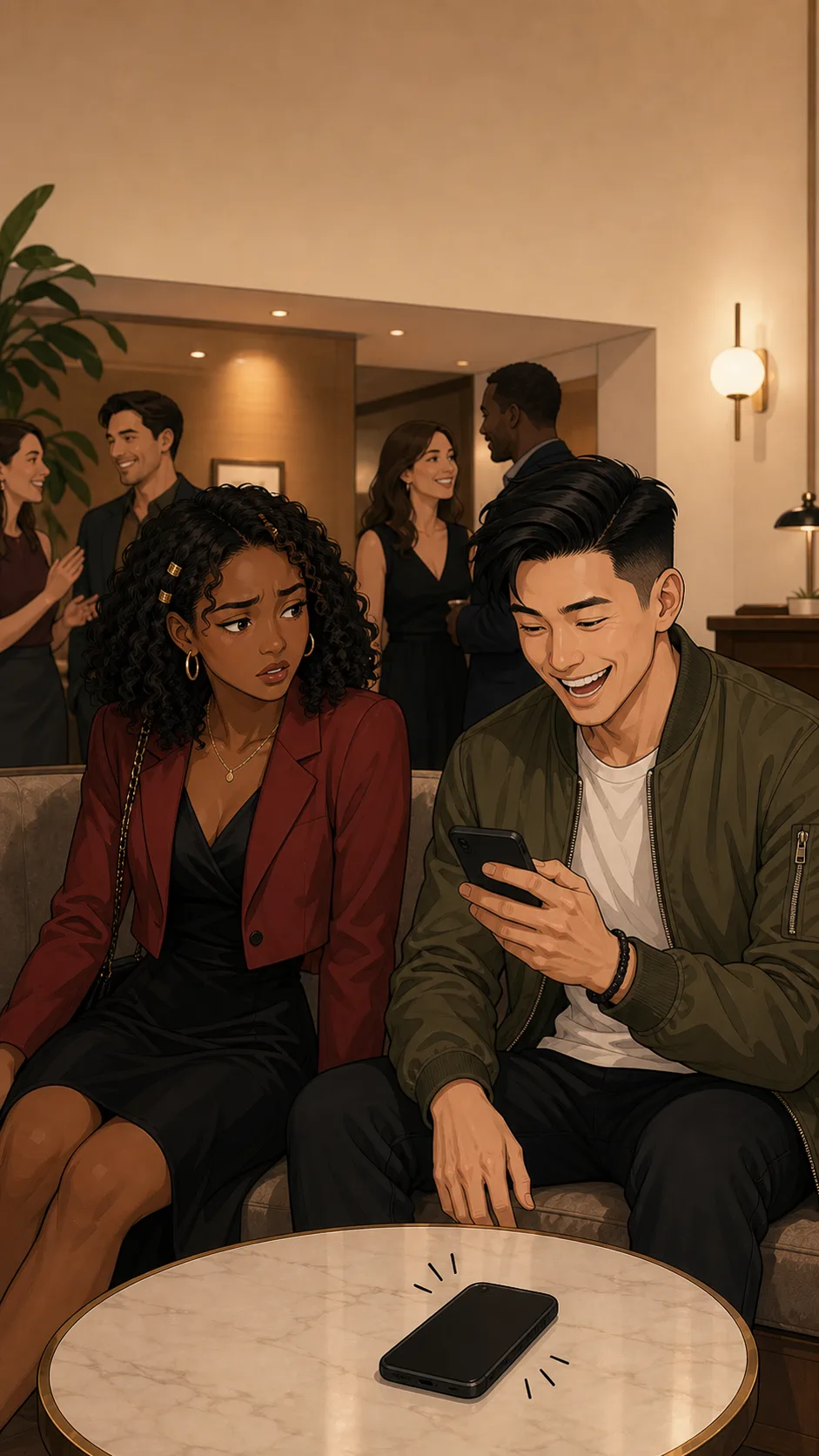 Nia looks confused while Jordan laughs beside a face-down phone in a generic restaurant lobby.