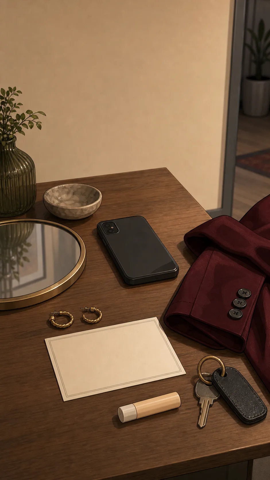 A generic entry table shows a face-down phone, small mirror, crimson blazer detail, earrings, blank reservation card, keys, and unbranded lip balm.