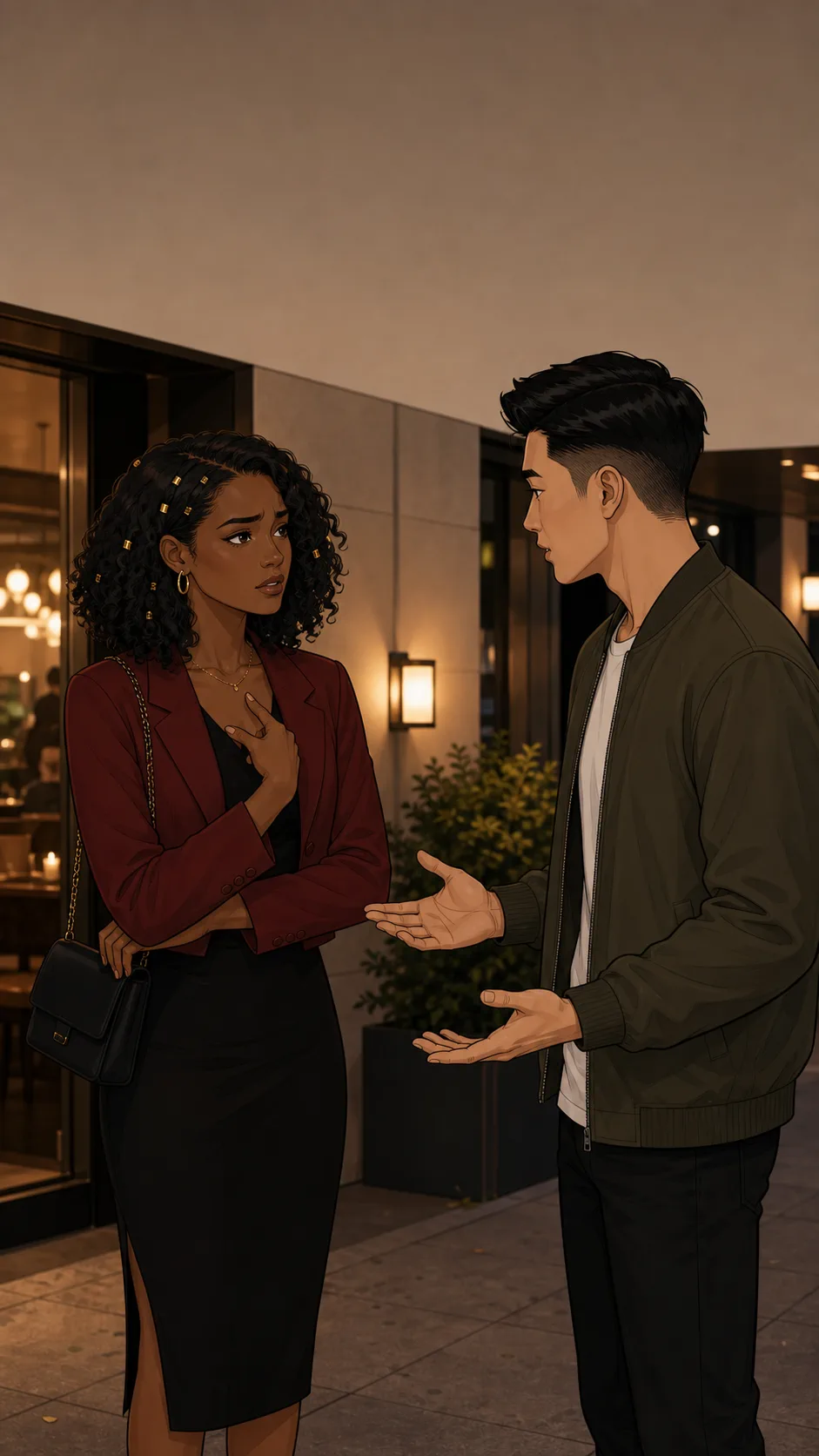 Nia and Jordan stand outside a generic unnamed restaurant, having a tense but controlled conversation.