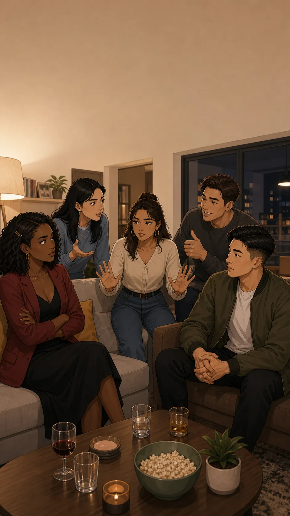 Nia, Jordan, and friends sit in a generic apartment living room, visibly split into three opinions.
