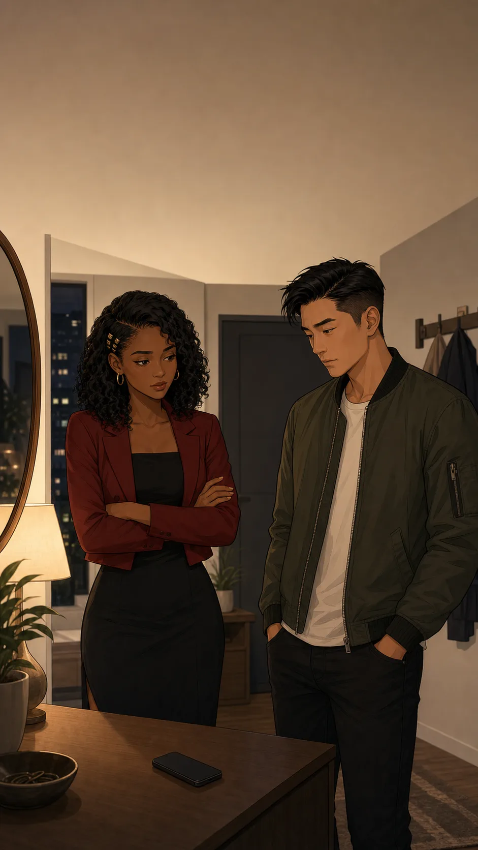 Nia and Jordan stand quietly in a generic apartment entryway with a face-down phone on the table between them.