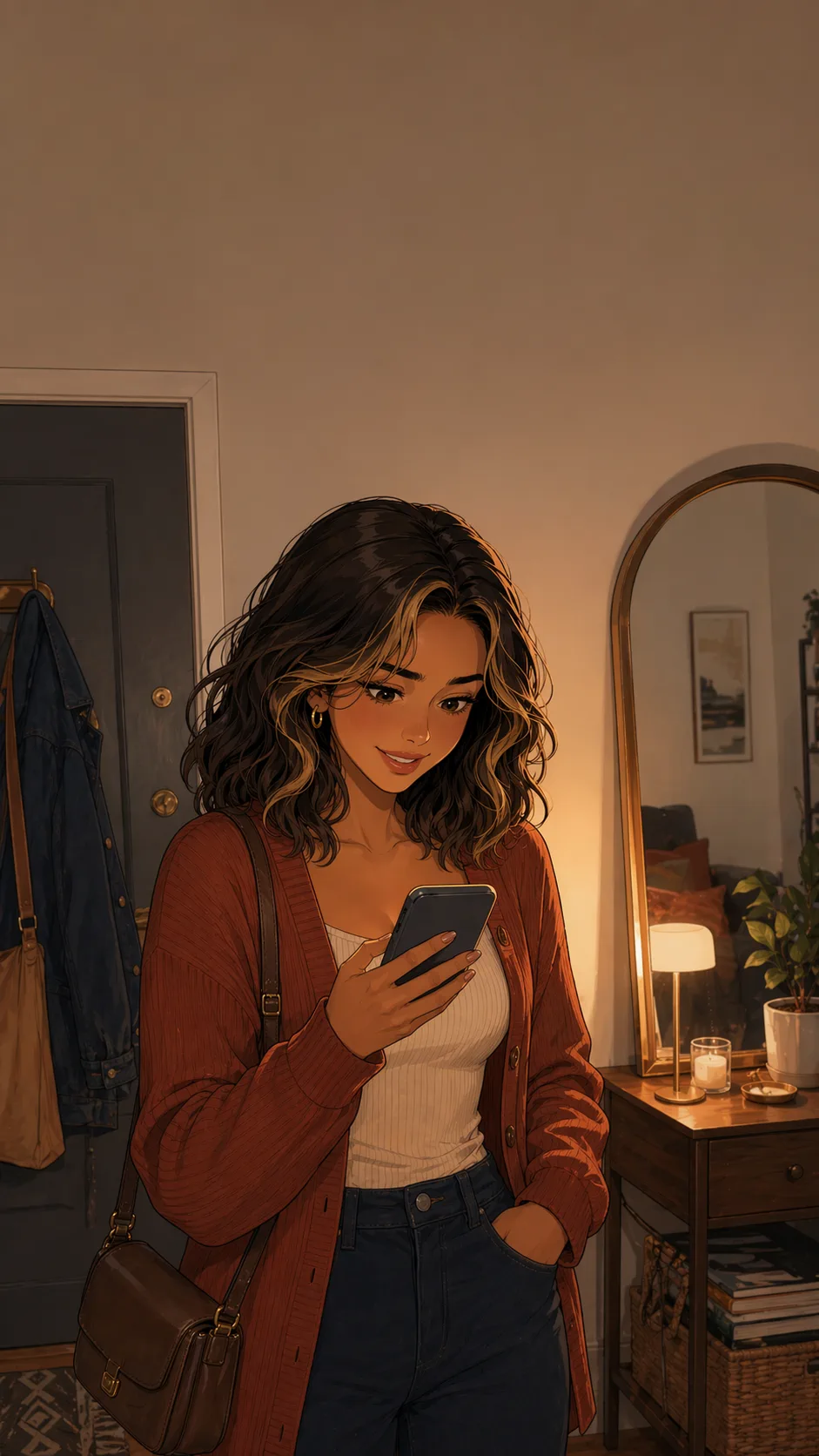 Lila smiles at her phone in her apartment entryway before a first date.