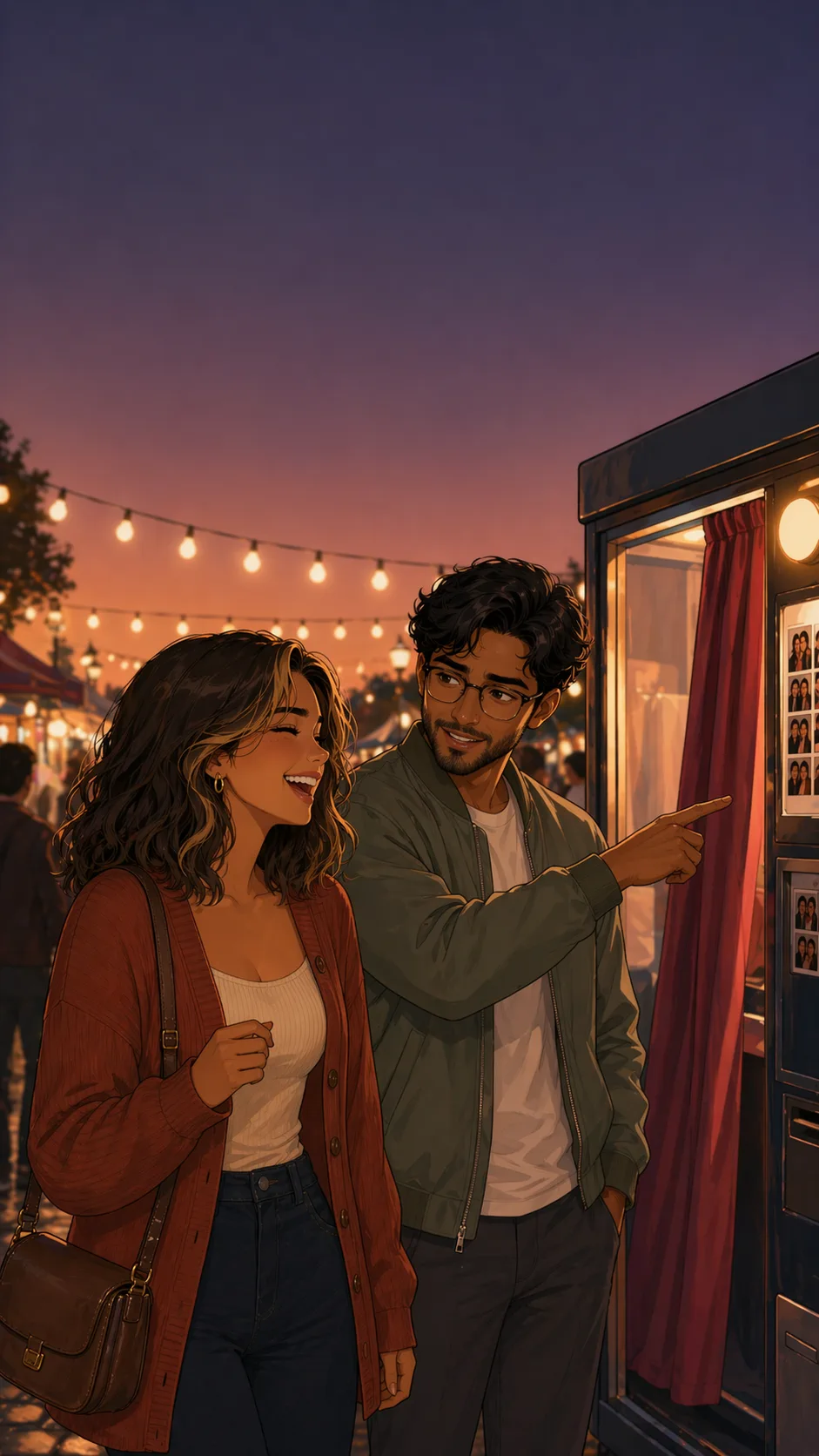 Milo points at a photo booth while Lila laughs at a night market.
