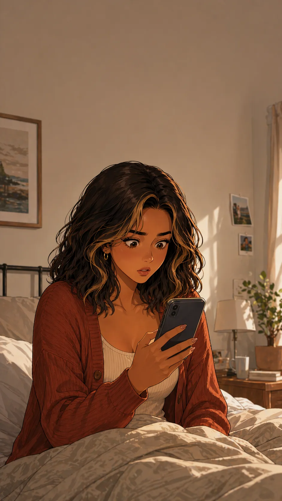 Lila stares at her phone in bed, surprised by a morning payment request.