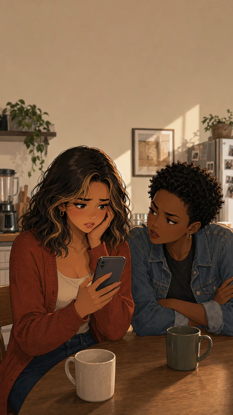 Lila and Kai look at a phone together at a kitchen table after the date.