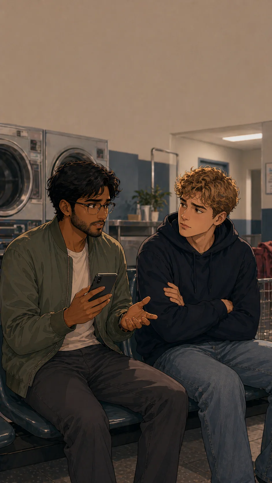 Milo talks to Theo in a laundromat seating area while holding his phone.