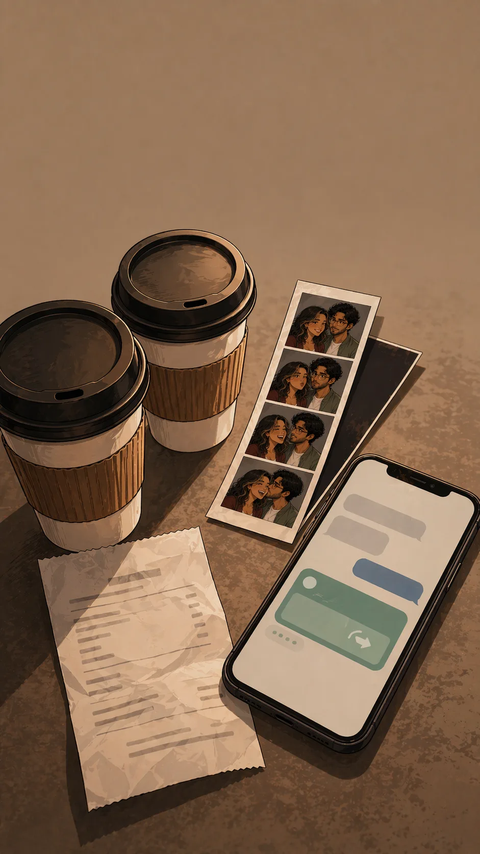 A tabletop montage shows coffee cups, a generic photo strip, a blank receipt, and a phone with abstract message shapes.