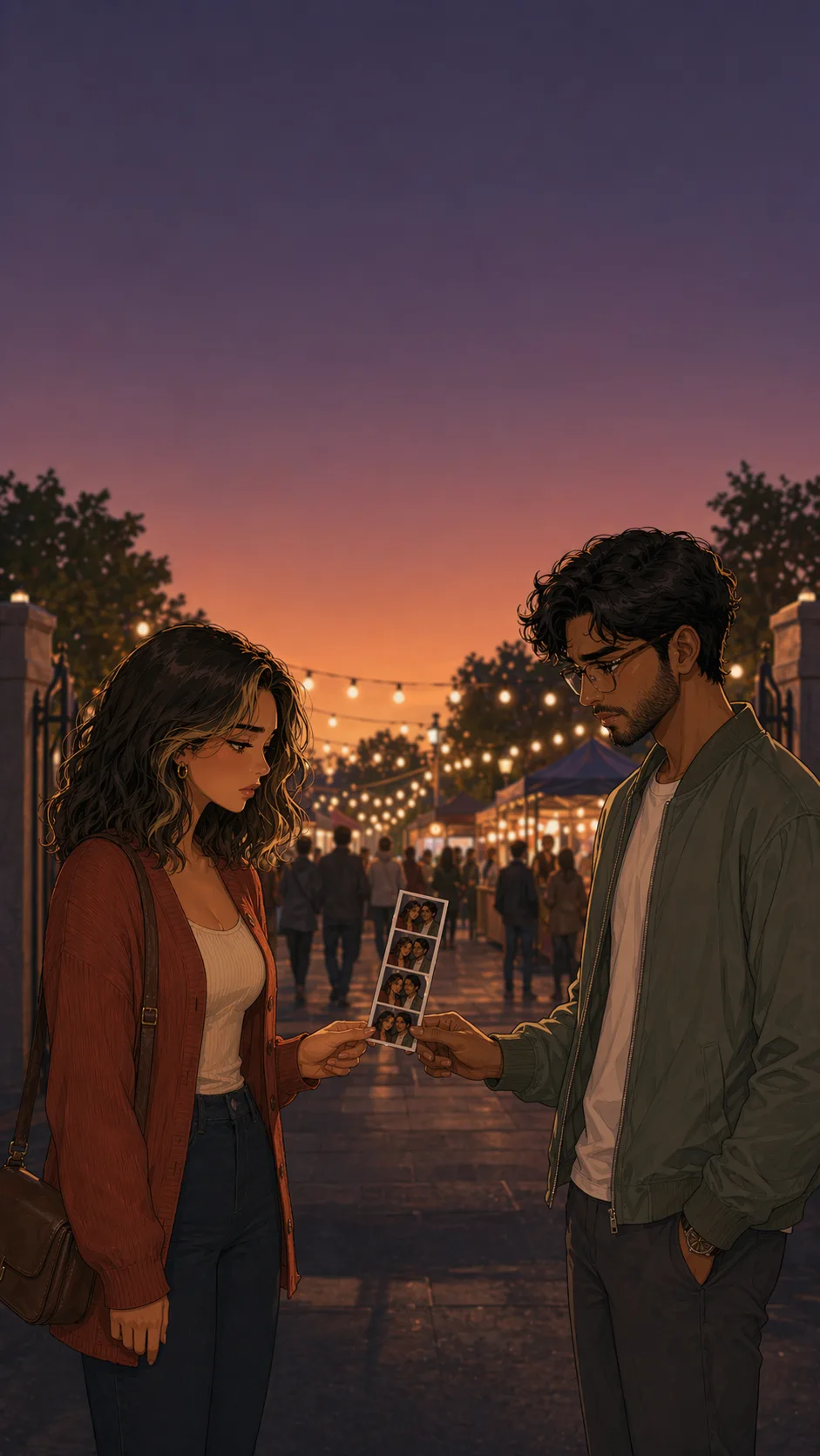 Lila and Milo stand apart outside a night market while holding a photo strip between them.