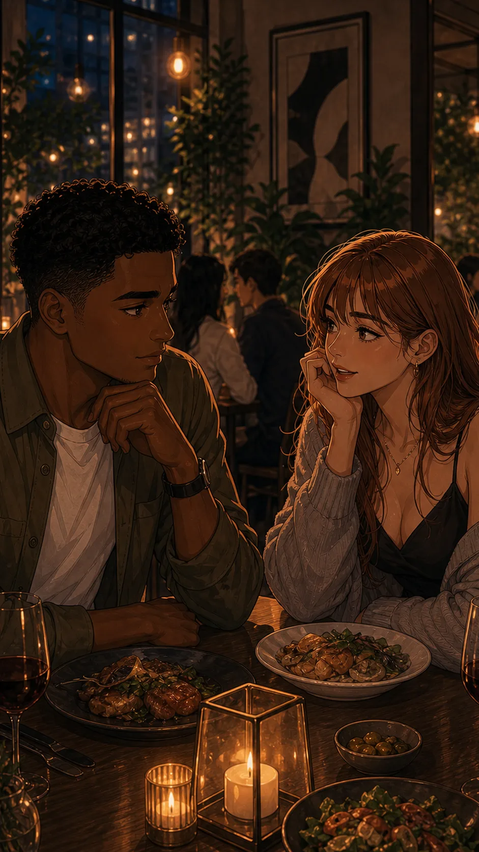 Theo and Iris sit at a warm generic restaurant table with candles, plates, and no brand marks.