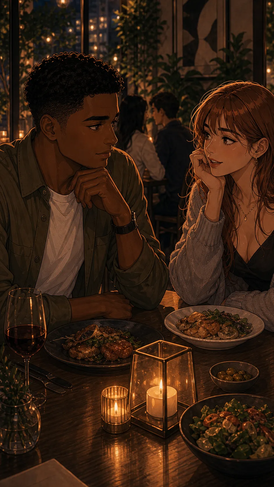 Iris laughs across the table while Theo smiles, cozy restaurant background and soft lighting.