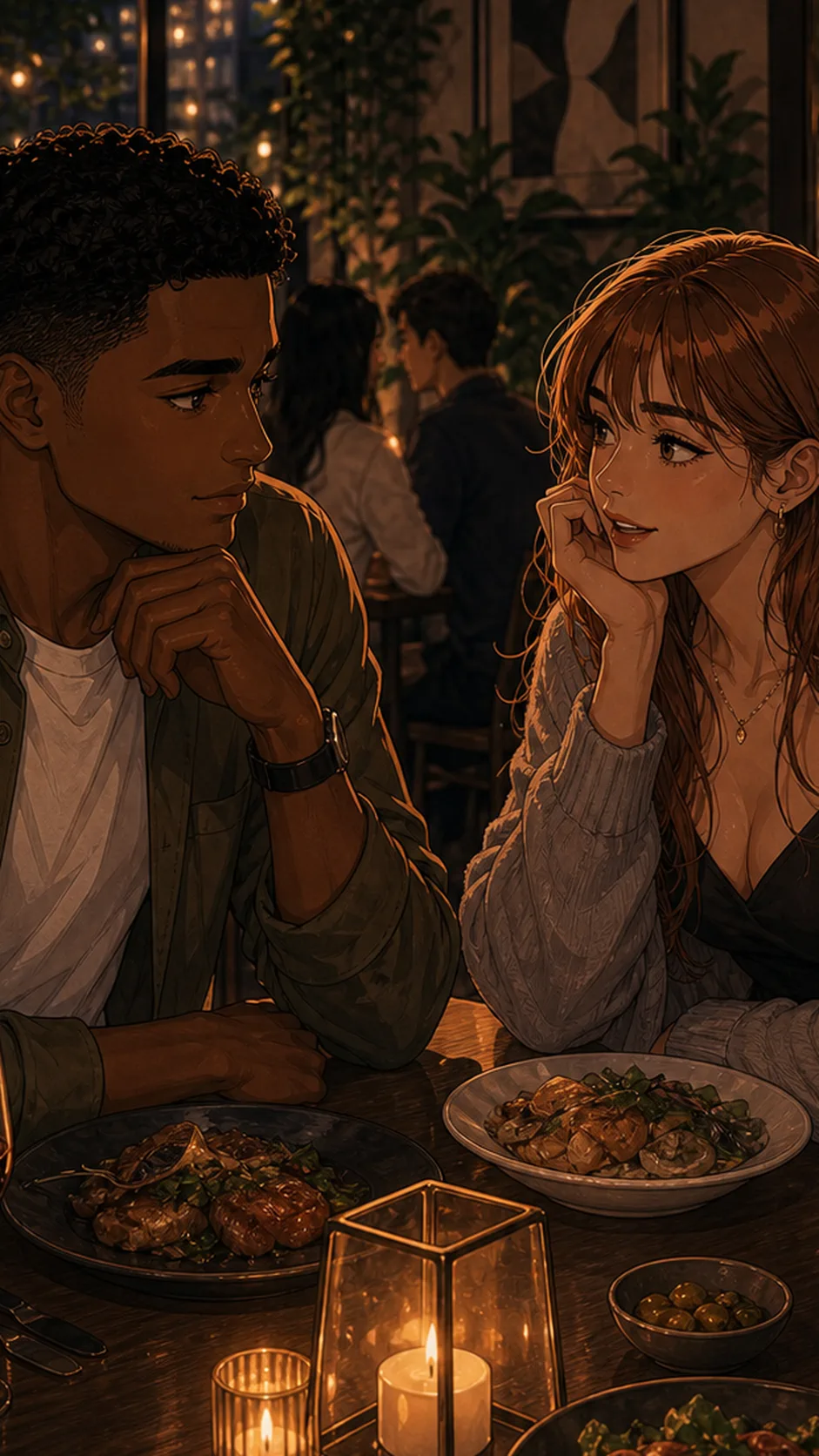 Iris glances down at a phone under the table, screen glow abstract and unreadable.