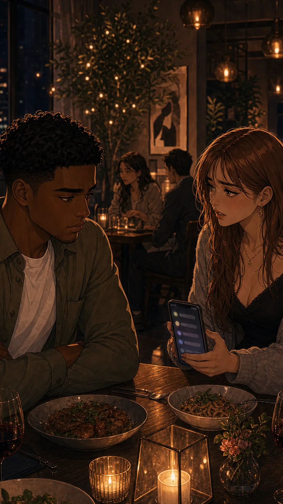 Theo sees Iris's phone angled on the table with abstract chat bubbles only, no readable words.