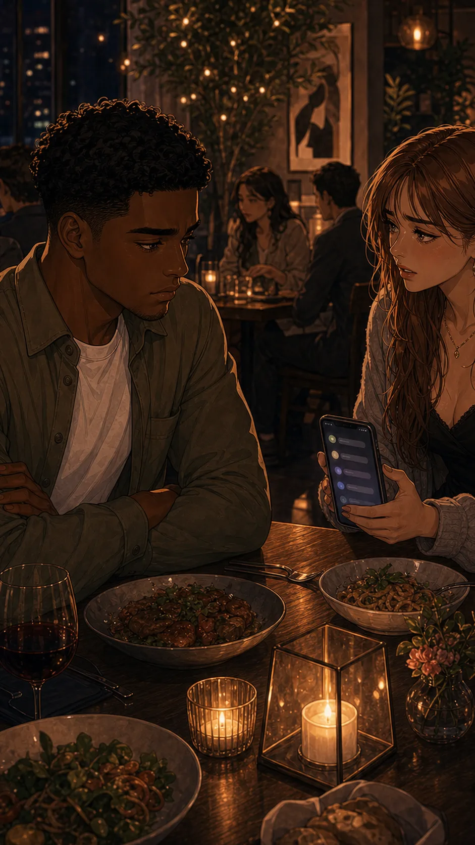 Iris holds the phone close, anxious but sincere, as Theo looks hurt.