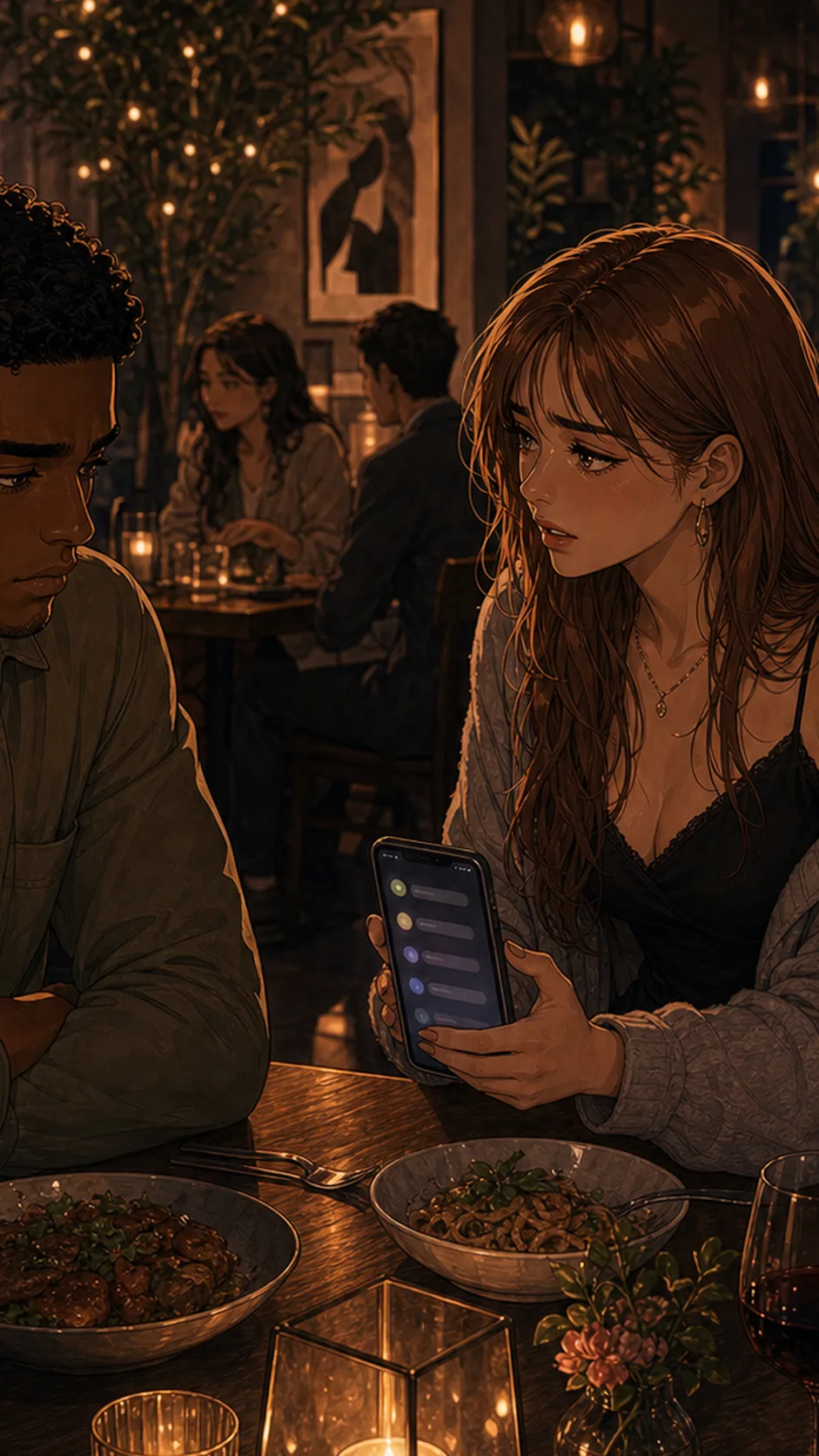Theo sits back from the table, private feeling broken despite the warm setting.