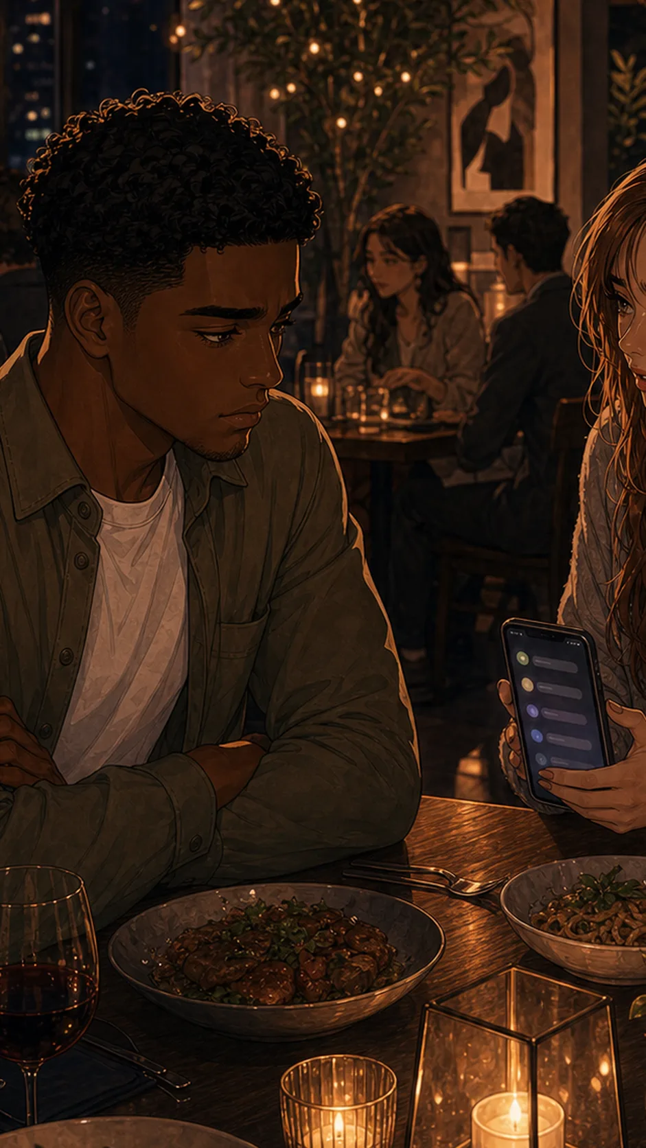 The couple stands outside the restaurant under soft streetlights, conversation quieter.