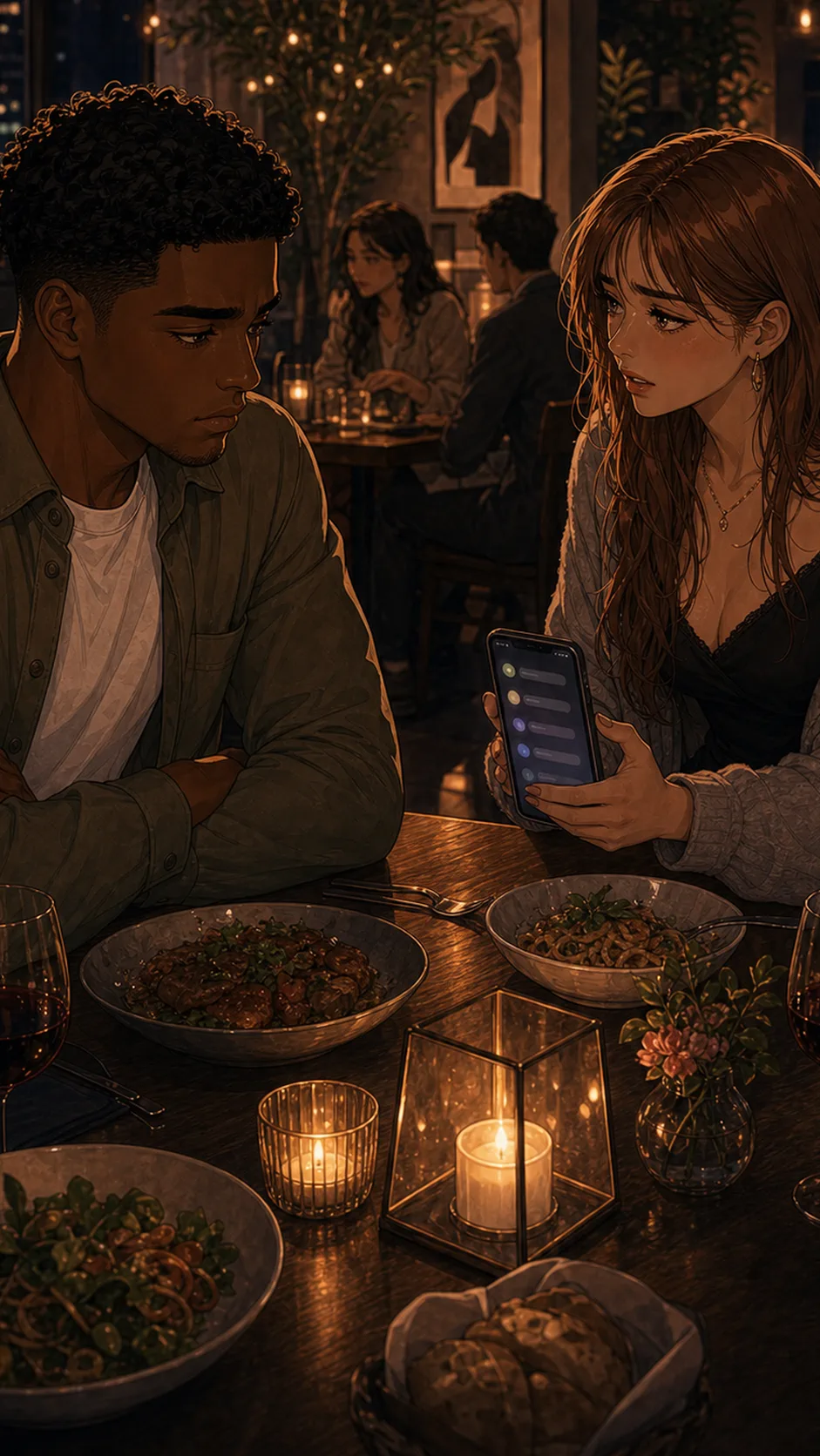 Theo and Iris face each other by the restaurant door, phones tucked away.